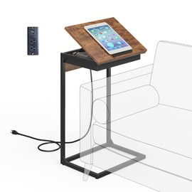 sthmec C Shaped End Table with Charging Station, 45° Tiltable Adjustable Flip Top Table with Storage,Small C Table for Small Spaces,Slide Under Couch Sofa Bedside Table for Living Room,Rustic Brown