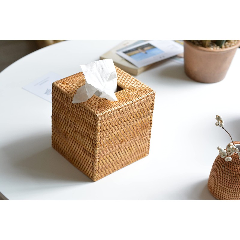 Cosmetic Tissue Boxes Square Rattan Tissue Box Dispenser for Home
