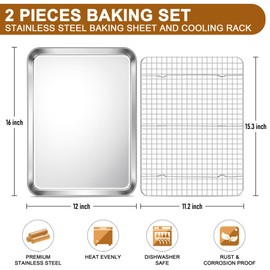 E-far Stainless Steel Baking Sheet with Wire Rack Set, 16” x 12” Cookie Sheet Baking Pan for Oven, Rimmed Large Metal Tray with Cooling Rack for Cooking Roasting, Non-Toxic & Dishwasher Safe