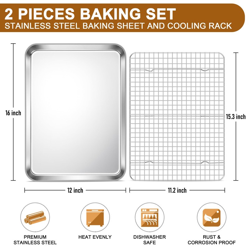 E-far Stainless Steel Baking Sheet with Wire Rack Set, 16”