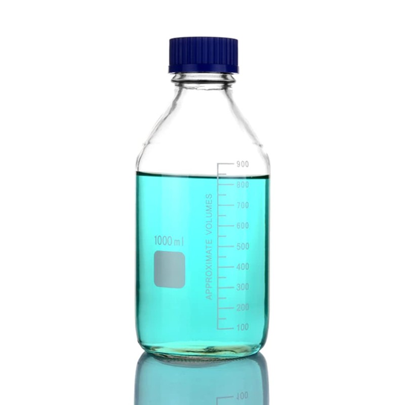 Deschem 1000ml,Lab Glass Reagent Bottle,Screw Cap,1L Blue Lid Flask,Transparent,Graduation 800ml