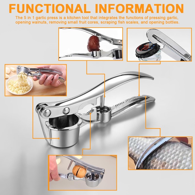 Gaodeding 5-in-1 Multifunctional Garlic Press – Heavy Duty Kitchen Tool