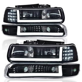 G-PLUS LED DRL Headlights Assembly, Fit For 1999 2000 2001 2002 Chevy Silverado 1500 2500/2001 2002 Silverado 1500HD 2500HD 3500, Driver Side & Passenger Side, Smoky lens Black Housing Clear Reflector