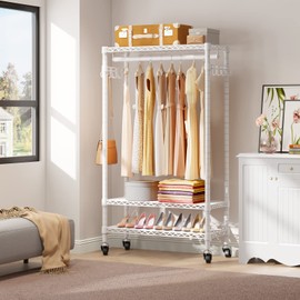 VIPEK R1 Rolling Clothing Rack Heavy Duty Garment Rack for Hanging Clothes, Portable Closet Wardrobe with Wheels and Side Hooks, Adjustable Freestanding Metal Clothes Rack with Shelves, White