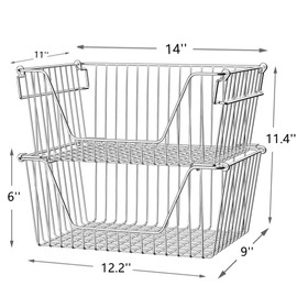 Slideep 14" Large Stackable Storage Baskets, Cabinet Organizer Sturdy Metal Wire Pantry Freezer Bin for Pantry Home Bathroom Kitchen Organization - Set of 8