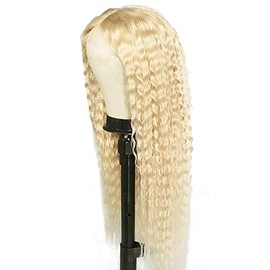 Tuheerst Blonde Human Hair Wig, Deep Wave Real Hair Wig, Women's 4x4#613 Swiss Lace Brazilian Real Hair, Remy Hair, Pre-Plucked, Natural Hairline with Baby Hair, 26 Inches / 66 cm