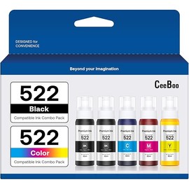 522 High Capacity (5 Bottles) Refill Ink Bottle Replacement for Epson Compatible 522 Ink Refill Bottles (Not Sublimation Ink) Use for EcoTank ET-2803 ET-2800 ET-2720 ET-4800 Printer