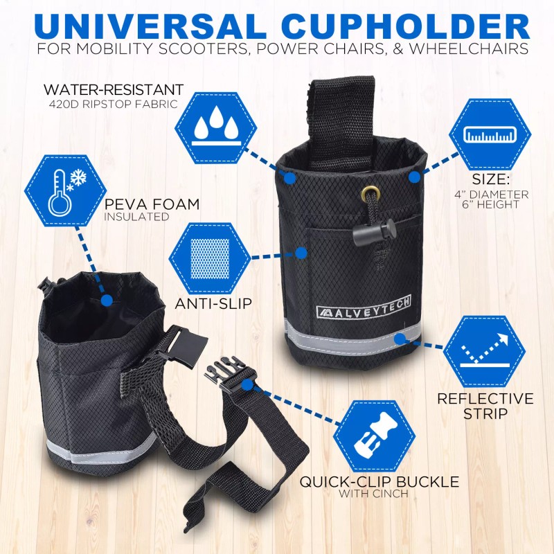AlveyTech Universal Cup Holder for Mobility Scooter, Power Chair, &