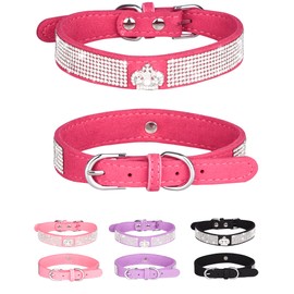 Bling Dog Collar for Small Medium Large Dogs, Crown Rhinestone Dog Collars for Girl and boy Dog, Diamond Puppy Collars, Adjustable Leather Suede SOFE Cat Collar (XS(8.2"-10.6"/21CM-27CM), Rose Red)