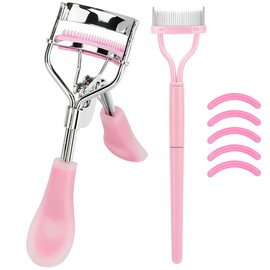 Stainless Steel Eyelash Curler with Comb and Eyelash Brush Fit Suitable for Any Eye Shapes and Sizes, with 5 Silicone Refill Pads (Hazy Pink Set)
