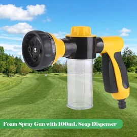 Foam Spray Gun with 100mL Soap Dispenser Garden Hose Hand Spray Nozzle 8 Adjustable Patterns Lawn Pipe Sprayer Washing Sprinkler for Watering Plants Car Wash and Showering Dog Pets