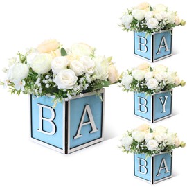 Acmee 4 Set Baby Shower Centerpieces for Tables - 6 inch Wooden Boxes with Baby Letters Rustic Cube Planter Wood Blocks for Gender Reveal Party Favor (Blue)