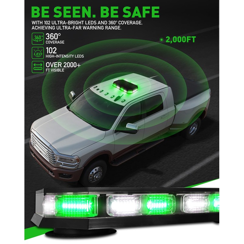 HLauto 406D Rooftop Emergency Strobe Lights Bar, 102 LED Green