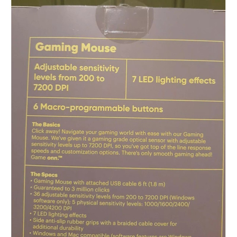 onn Gaming Mouse with Attached USB Cable LED Lighting Effects