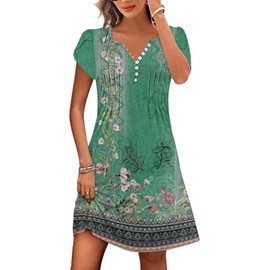Disamer Womens Casual Dresses Short Sleeve Summer Dresses 2025 Boho Floral Beach Sundresses Spring A-Line Dress with Pockets,Floral Green,X-Large