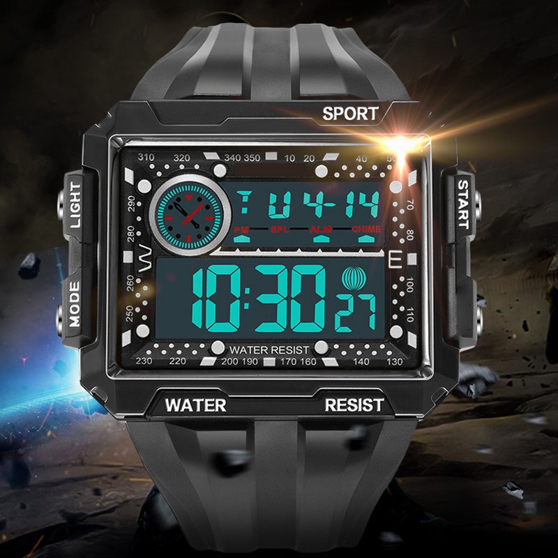 Men Rectangle Digital Sports Watch Night Light Rectangle Display Waterproof