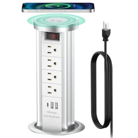 Pop Up Outlet for Countertop with PD 20W USB C, Recessed Countertop Outlet 4 AC Outlets 3 USB Ports and 10W Wireless Charger, Flush Mount Power Strip for Kitchen Island Office(White)