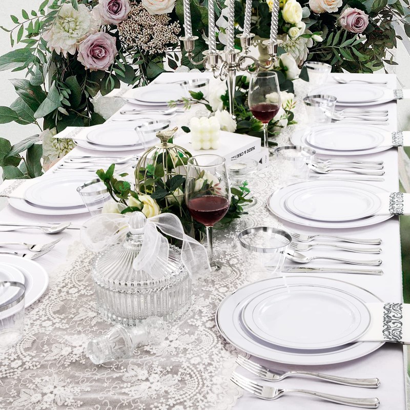 bUCLA 350PCS Silver Plastic Dinnerware Set for 50 Guests -