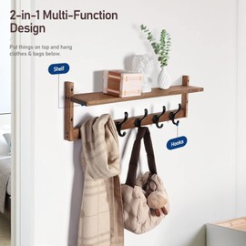 Tatub 29'' Coat Rack Wall Mount with Shelf, Wood Wall Hooks with Storage, Entryway Shelf with 5 Hangers for Bathroom, Living Room, Bedroom, Rustic Brown