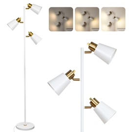 Tree Floor Lamp for Living Room, Industrial 3-Light Standing Lamp with 3 LED Bulbs, Adjustable Rotation Heads, Standing Tall Pole Lamp Farmhouse Rustic Reading Lamps for Bedroom Office (White Gold)