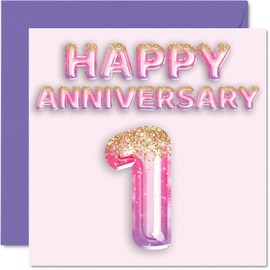 Pretty Paper Anniversary Card for Wife Girlfriend Husband Boyfriend - Pink Purple Glitter Balloons - Happy 1st Anniversary Cards from Family, 145 mm x 145 mm Greeting Cards for First Anniversaries