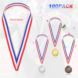 Afcabakila 100Pcs Red White and Blue Lanyard Medal Ribbons Neck Ribbon for Medals Striped Award Lanyards with Snap Clips for Competitions, Party, Olympic Style, Talent Show, Sports Themed Party Favors