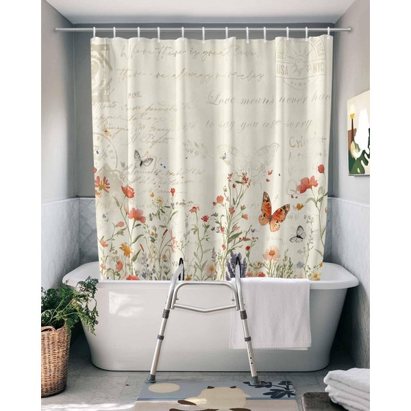 Farmhouse Floral Split Shower Curtain for Transfer Bench Waterproof Botanical