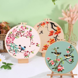 Ohcol 3 Sets Bird Embroidery Kit,Needlepoint Kits for Adults Beginner,Needle Point Kits with Washable Pre-Printed Floral Pattern,Hoops,Women DIY Hand Crafts