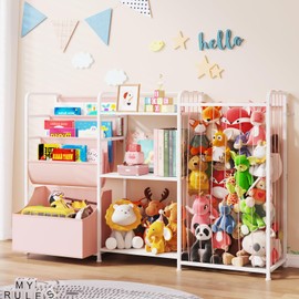BBLIKE 3in1 Stuffed Animal Storage Organizer - Toy Storage with Kids Bookshelf & Large Plushies Holder for Kids Room - Multi-Functional Furniture for Nursery, Bedroom, and Playroom, Pink