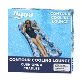 Aqua 18-Pocket Inflatable Contour Lounge, Luxury Fabric, Suntanner Pool Float, Heavy Duty, Blue Ferns