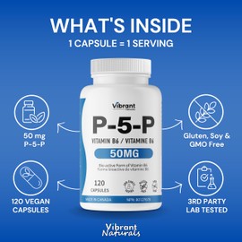P5P Vitamin B6 Supplement 50mg, 120 Capsules, Active Form of B6 (Pyridoxal-5-Phosphate) - Helps in Energy Metabolism, Third Party Tested, Gluten Free, Non-GMO, Made In Canada, by Vibrant Naturals