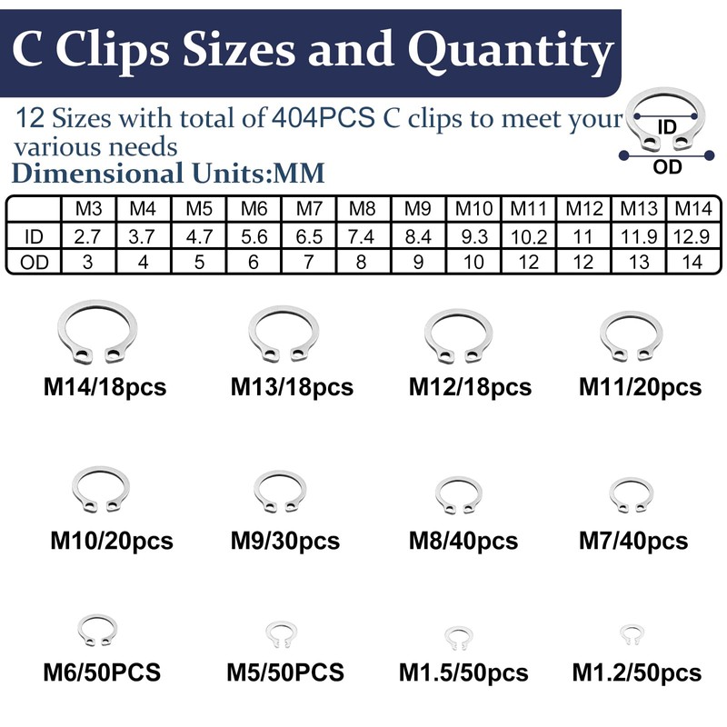 ZQZ 850Pcs C Clips Assortment Kit(M3-M14) and E Clips Assortment