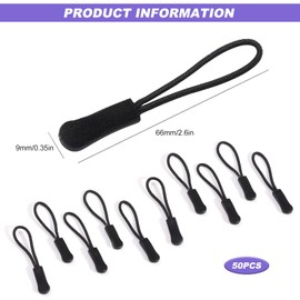 Zip Tags Pulls, 50 Pcs Zipper Pulls Replacement Extensions Black Zip Puller Replacement Zipper Tags Cord Pull for Backpacks Bags