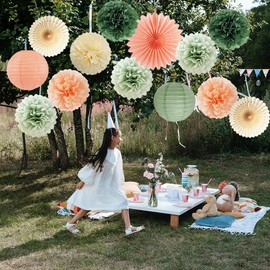 Sage Green and Peach Birthday Decorations Baby Shower Party Decorations Paper Lanterns Olive Sage Peach Cream Tissue Paper Pom Poms Paper Fans for Sage Green Peach Bridal Shower Wedding Party Decor