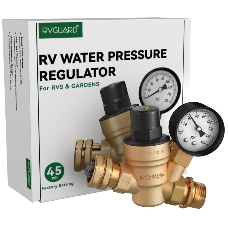 RVGUARD RV Water Pressure Regulator Valve, Brass Lead-Free Adjustable Water