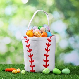 Locmeo 8 Pcs Baseball Easter Baskets for Kids Canvas Easter Eggs Hunt Baseball Baskets Candy Gifts Bucket Tote Bag for Easter Parties