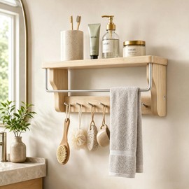 Coat Rack Wall Shelf with 7 Hooks, Bathroom Floating Shelves with Towel Bar