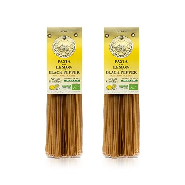 Morelli Lemon Pepper Linguine Pasta with Wheat Germ - Linguine Organic Pasta - Naturally Flavored Pasta Made in Italy - Imported Italian Pasta from Italy - 8.8 Ounce (Pack of 2)