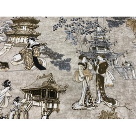 Geisha Japanese Pagoda Oriental Twill Flower Curtain Fabric Linen Look Material – 140 cm Wide Textile – Beige (Sold by the Metre)