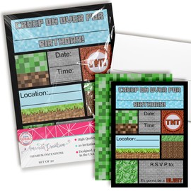 Amanda Creation Creepy Pixel Miner Pixel Party Video Game Birthday Party Invitations, 20 5x7 Fill-In Cards for Boys with Twenty White Envelopes