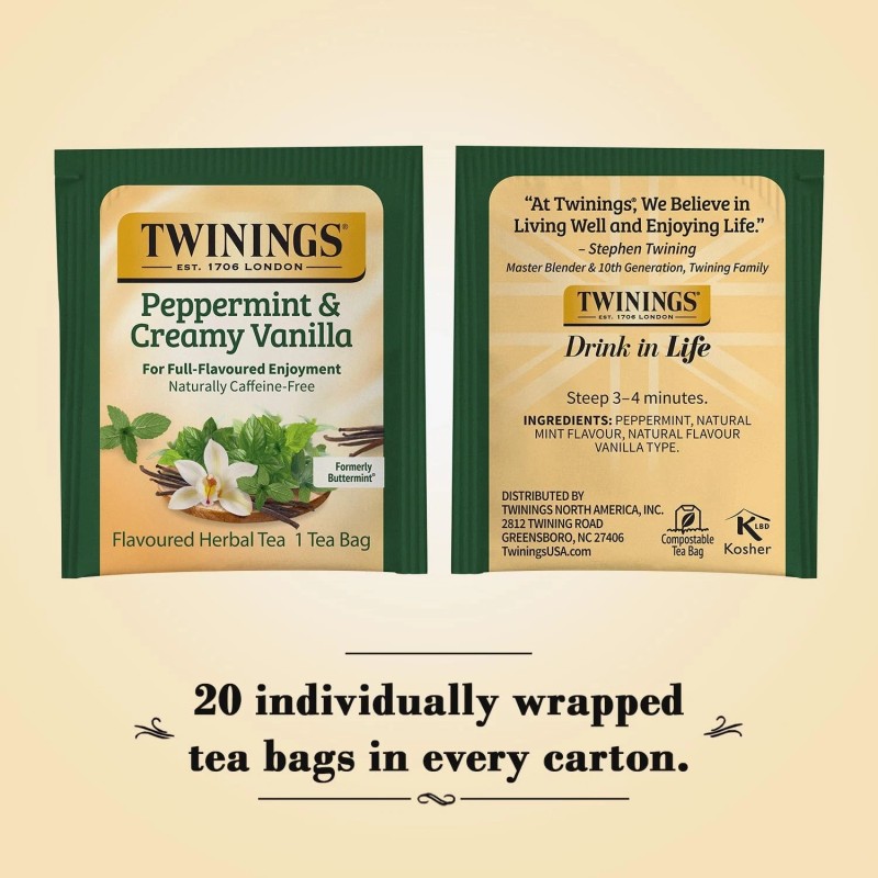 Twinings Peppermint Creamy Vanilla Herbal Tea 20 Count Pack of