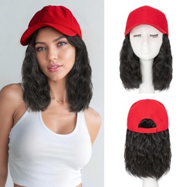 S-noilite Hat Wigs for Women Red Baseball Cap with Synthetic Hair Extensions Short Wavy Wigs Adjustable Hat with Natural Black Hair Daily Wear（8Inch）