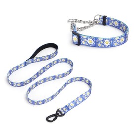 Pimaodog Martingale Dog Collar, 5FT Dog Leash Padded, Slip Dog Collar and Leash Set with Daisy Floral Design Stainless Steel Chain Modified Cinch Collar (Dark Blue, Medium)