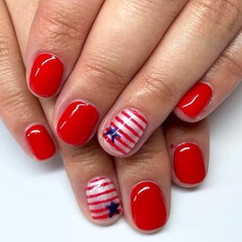 Independence Day Press on Nails Red Fake Nails with Star Stripes Design Glossy Gel Glue on Nails 4th of July False Nails Short Square Full Cover Acrylic Stick on Nails for Women Girls 24Pcs