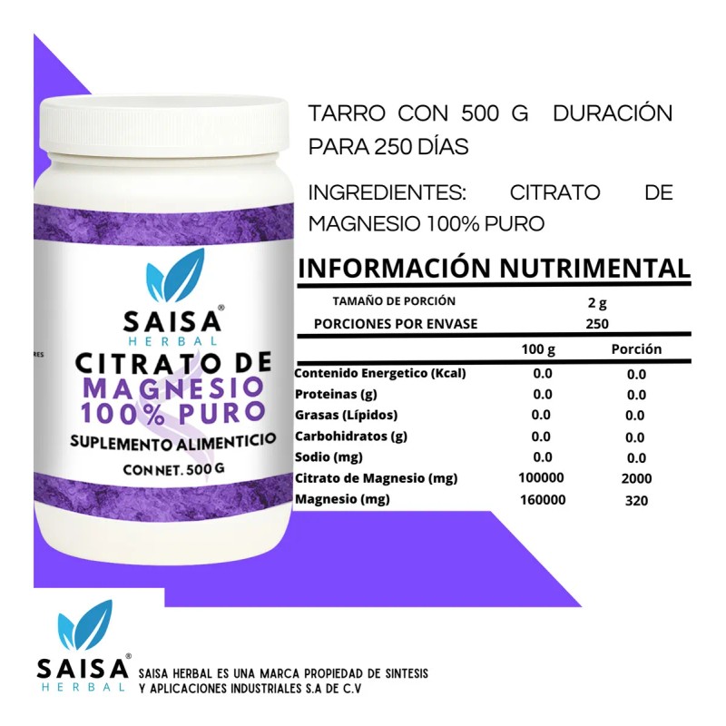 Citrato De Magnesio 500 g Suplemento Alimenticio Sin Sabor Saisa