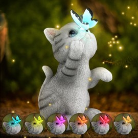 Cat Garden Statues Outdoor, Solar Cat Statues, Decoration with Cat Holding Butterfly for Yard, Waterproof Resin Sculpture with Solar Lights Used To Decorate Outdoor Garden(Gray)