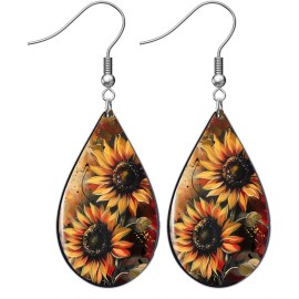 the fun things Sunflower Earrings Teardrop Silver Dangle Flowers Radiating Positivity & Loyalty