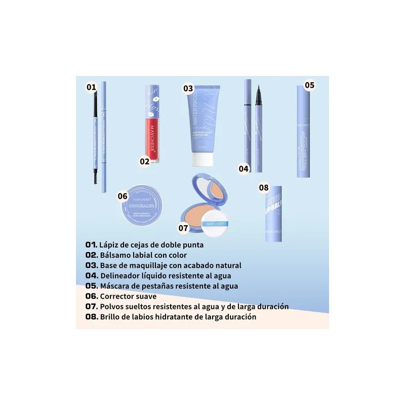 Set De 8 Psc Mascara Polvo Lápiz Labial Eyeliner Concealer