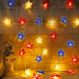 JUNEBRUSHS Red White and Blue Star Lights 4th of July Decorations, 15FT 30 LED 3D Star String Lights with Batteries Compatibility for Memorial Day Decorations Patriotic Decor