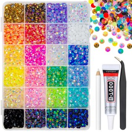 qiipii Diamantes de imitación de resina de gelatina de 24 colores de 6 mm con pegamento B7000 para deslumbrantes manualidades, piedras SS30 con parte trasera plana, gemas AB coloridas, dijes de